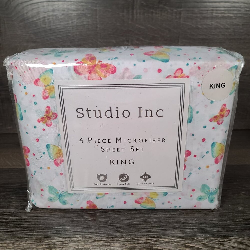 New in Bag Ashley Cooper Studio Inc 4pc Microfiber King Sheet Set Butterfly